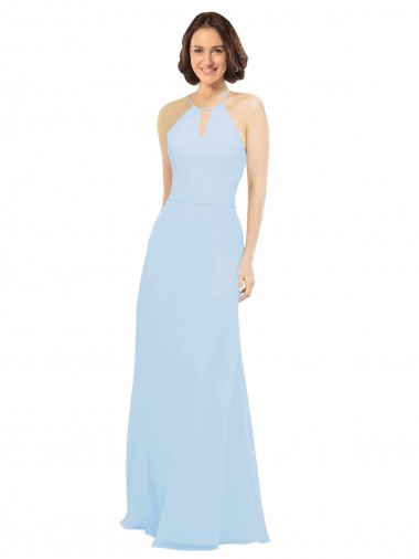 Bleu ciel clair Trapèze Licou Mousseline Longue Robes demoiselle d'honneur Prix Réduit