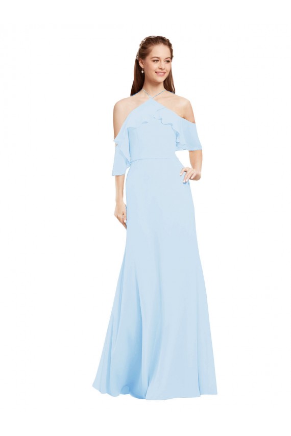 Bleu ciel clair Trapèze Licou Mousseline Longue Robes demoiselle d'honneur Prix Réduit