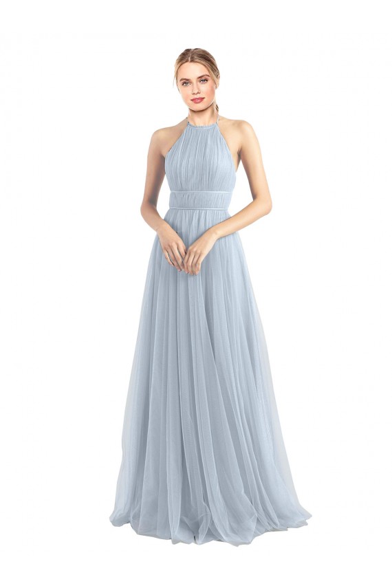 Bleu ciel clair Trapèze Licou Tulle Longue Robes demoiselle d'honneur Prix Réduit