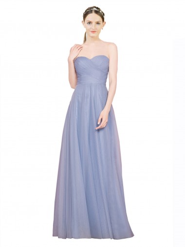 Bleu ciel clair Trapèze Sans bretelle Tulle Longue Robes demoiselle d'honneur Prix Réduit