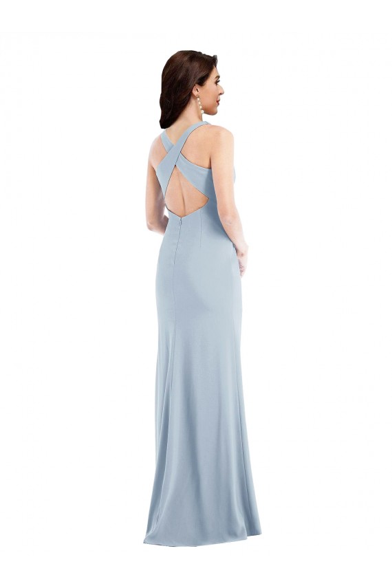 Bleu ciel clair Trompette Col V Crêpe Stretch Longue Robes demoiselle d'honneur / Robes de bal Prix Réduit