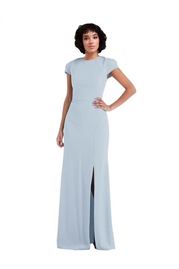 Bleu ciel clair Trompette Col bijou Crêpe Stretch Longue Robes demoiselle d'honneur Prix Réduit