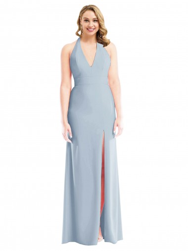 Bleu ciel clair Trompette Licou Crêpe Stretch Longue Robes demoiselle d'honneur / Robes de bal Prix Réduit