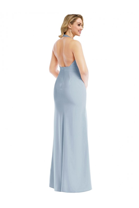 Bleu ciel clair Trompette Licou Crêpe Stretch Longue Robes demoiselle d'honneur / Robes de bal Prix Réduit