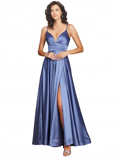 Bleu français Trapèze Bretelles spaghetti Satiné Soyeux Longue Formelles Robes demoiselle d'honneur / Robes de soirée / Robes de bal Prix Réduit
