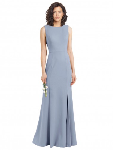 Bleu fumée Fourreau Col Bateau Col Haut Crêpe Stretch Longue Robes demoiselle d'honneur Prix Réduit