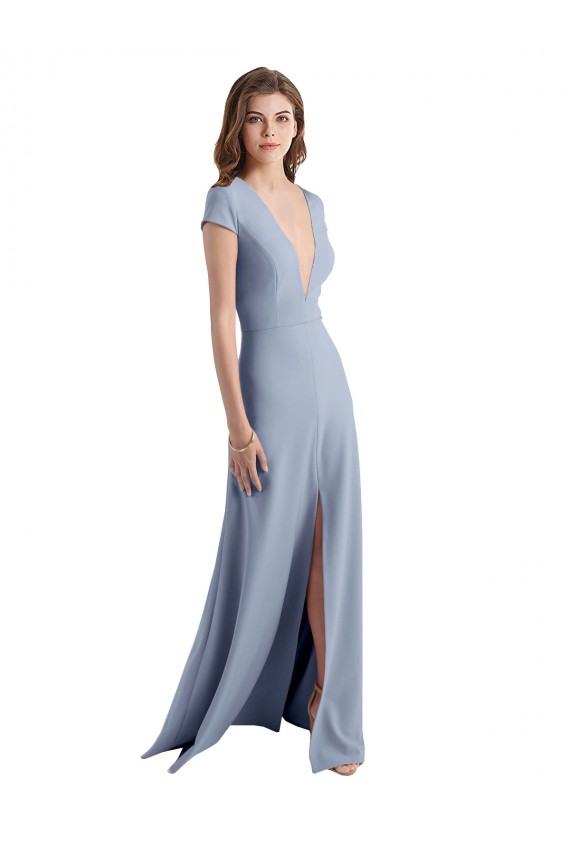 Bleu fumée Fourreau Col V Crêpe Stretch Longue Robes demoiselle d'honneur / Robes de bal Prix Réduit