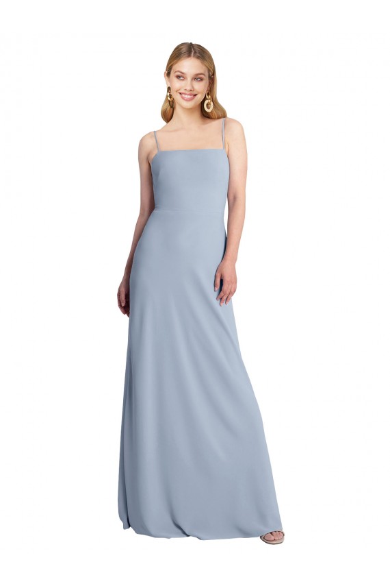Bleu fumée Trapèze Col Carré Crêpe Stretch Longue Robes demoiselle d'honneur / Robes de bal Prix Réduit