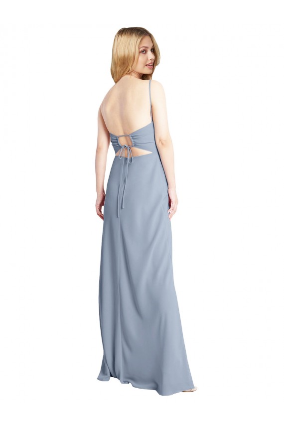 Bleu fumée Trapèze Col Carré Crêpe Stretch Longue Robes demoiselle d'honneur / Robes de bal Prix Réduit