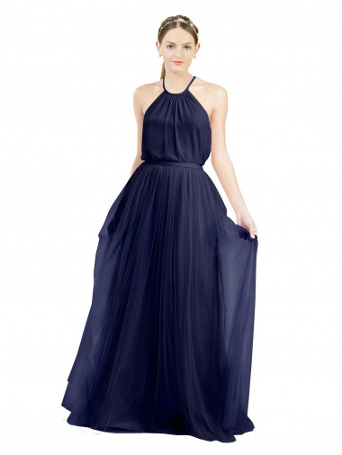 Bleu marine 21 Trapèze Licou Col Haut Tulle Longue Robes demoiselle d'honneur Prix Réduit