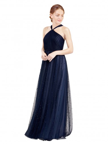 Bleu marine 21 Trapèze Licou Tulle Longue Robes demoiselle d'honneur Prix Réduit