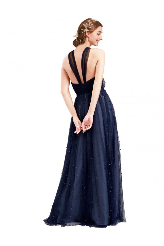 Bleu marine 21 Trapèze Licou Tulle Longue Robes demoiselle d'honneur Prix Réduit