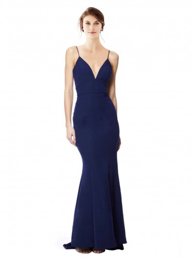 Bleu marine Sirène Bretelles spaghetti Col V Crêpe Stretch Longue Formelles Robes demoiselle d'honneur / Robes de soirée / Robes de bal Prix Réduit