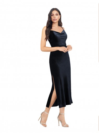 Bleu marine foncé Colonne midi Velours Stretch Courte Robes demoiselle d'honneur / Robes de soirée / Robes de cocktail Prix Réduit