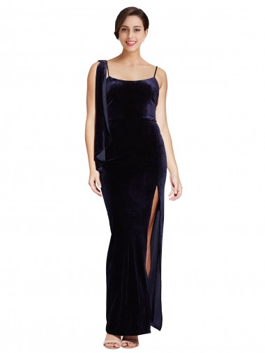 Bleu marine foncé Fourreau Bretelles spaghetti Col Carré Velours Stretch Longue Formelles Robes demoiselle d'honneur / Robes de soirée / Robes de bal Prix Réduit