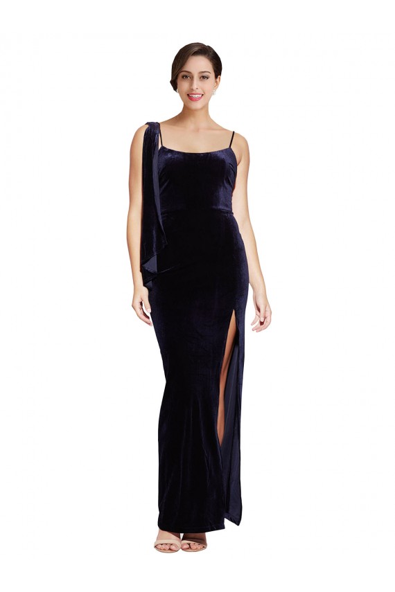 Bleu marine foncé Fourreau Bretelles spaghetti Col Carré Velours Stretch Longue Formelles Robes demoiselle d'honneur / Robes de soirée / Robes de bal Prix Réduit