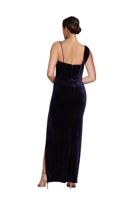 Bleu marine foncé Fourreau Bretelles spaghetti Col Carré Velours Stretch Longue Formelles Robes demoiselle d'honneur / Robes de soirée / Robes de bal Prix Réduit