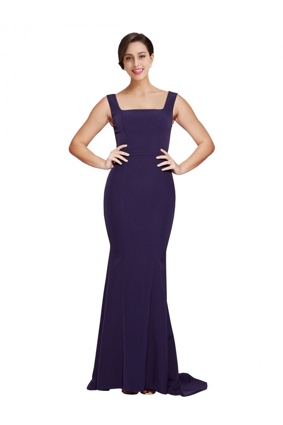 Bleu marine foncé Fourreau Col Carré Balayage train Crêpe Stretch Longue Robes demoiselle d'honneur / Robes de bal Prix Réduit