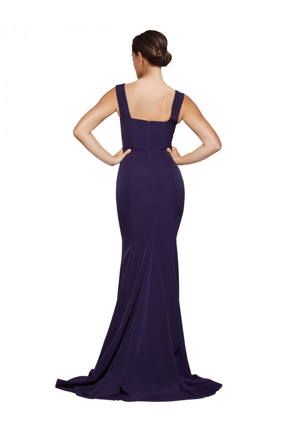 Bleu marine foncé Fourreau Col Carré Balayage train Crêpe Stretch Longue Robes demoiselle d'honneur / Robes de bal Prix Réduit