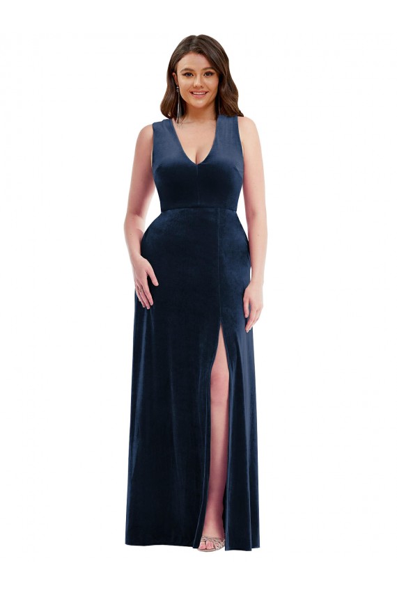 Bleu marine foncé Fourreau Col V Velours Stretch Longue Formelles Robes demoiselle d'honneur / Robes de soirée / Robes de bal Prix Réduit