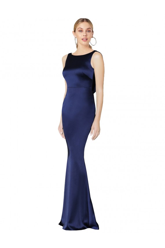 Bleu marine foncé Fourreau Licou Col Haut Satiné Stretch Longue Formelles Robes demoiselle d'honneur / Robes de soirée / Robes de bal Prix Réduit