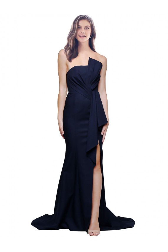Bleu marine foncé Fourreau Sans bretelle Balayage train Crêpe Stretch Longue Robes demoiselle d'honneur / Robes de bal Prix Réduit