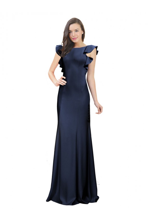 Bleu marine foncé Sirène Bateau Crêpe Stretch Longue Robes demoiselle d'honneur / Robes de bal Prix Réduit