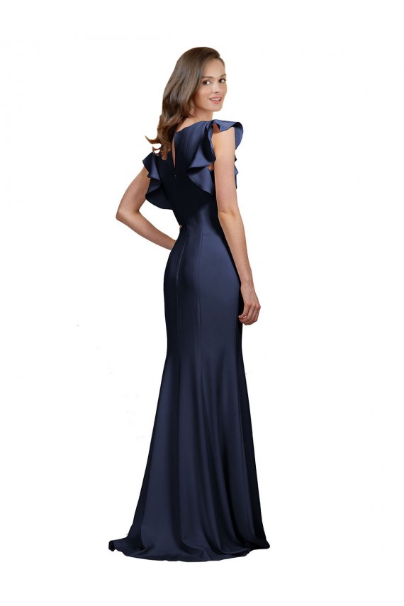 Bleu marine foncé Sirène Bateau Crêpe Stretch Longue Robes demoiselle d'honneur / Robes de bal Prix Réduit