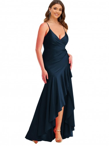 Bleu marine foncé Sirène Bretelles spaghetti Satiné Soyeux Longue Asymétrique Formelles Robes demoiselle d'honneur / Robes de soirée / Robes de bal Prix Réduit