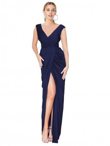 Bleu marine foncé Sirène Col V Mousseline Longue Formelles Robes demoiselle d'honneur / Robes de soirée / Robes de bal Prix Réduit