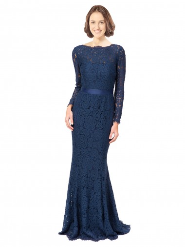 Bleu marine foncé Sirène Col bijou Balayage train Dentelle Longue Robes demoiselle d'honneur Prix Réduit
