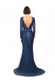 Bleu marine foncé Sirène Col bijou Balayage train Dentelle Longue Robes demoiselle d'honneur Prix Réduit