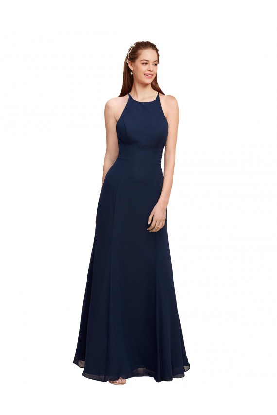 Bleu marine foncé Sirène Licou Col Haut Mousseline Longue Robes demoiselle d'honneur / Robes de bal Prix Réduit