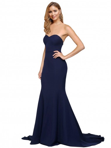 Bleu marine foncé Trapèze Balayage train Crêpe Stretch Longue Formelles Robes demoiselle d'honneur / Robes de soirée / Robes de bal Prix Réduit