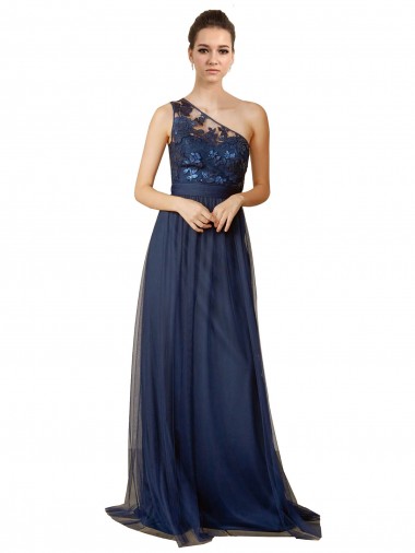 Bleu marine foncé Trapèze Balayage train Tulle Longue Robes demoiselle d'honneur Prix Réduit