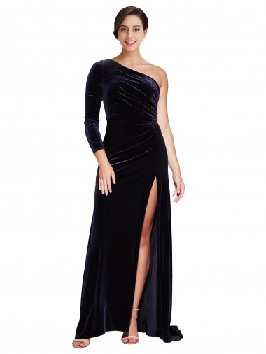 Bleu marine foncé Trapèze Balayage train Velours Stretch Longue Formelles Robes demoiselle d'honneur / Robes de soirée / Robes de bal Prix Réduit