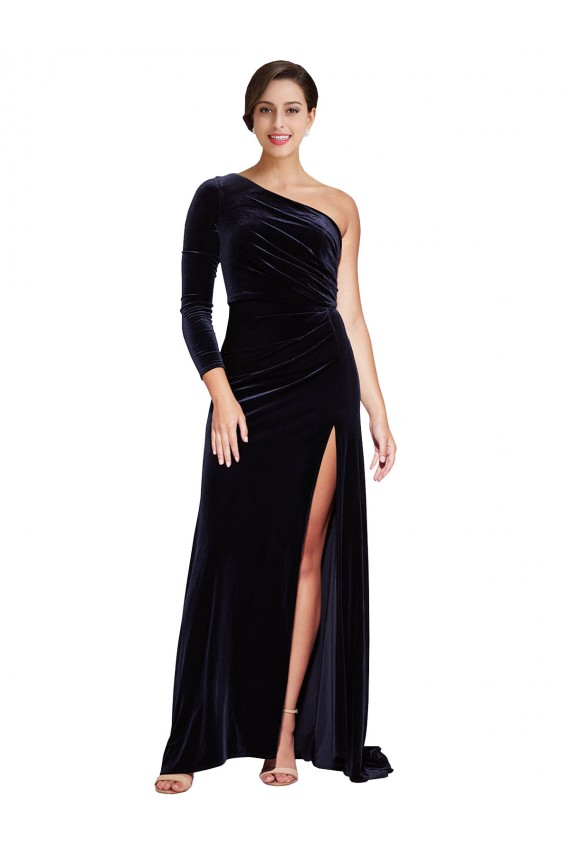 Bleu marine foncé Trapèze Balayage train Velours Stretch Longue Formelles Robes demoiselle d'honneur / Robes de soirée / Robes de bal Prix Réduit