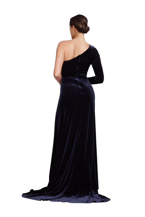 Bleu marine foncé Trapèze Balayage train Velours Stretch Longue Formelles Robes demoiselle d'honneur / Robes de soirée / Robes de bal Prix Réduit