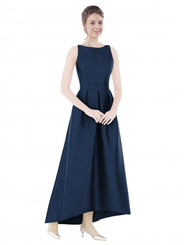 Bleu marine foncé Trapèze Bateau Satiné Longue Asymétrique Robes demoiselle d'honneur Prix Réduit