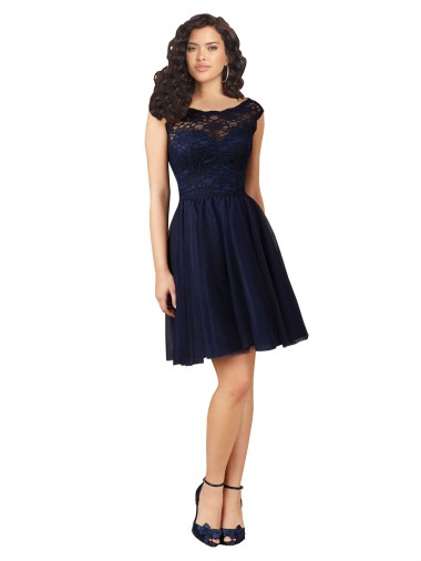 Bleu marine foncé Trapèze Bateau Tulle Dentelle Courte Robes demoiselle d'honneur / Robes de cocktail Prix Réduit