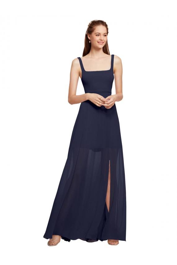 Bleu marine foncé Trapèze Bretelles spaghetti Col Carré Mousseline Longue Robes demoiselle d'honneur Prix Réduit