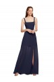 Bleu marine foncé Trapèze Bretelles spaghetti Col Carré Mousseline Longue Robes demoiselle d'honneur Prix Réduit