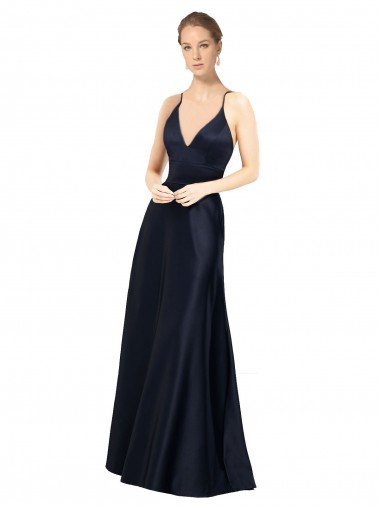Bleu marine foncé Trapèze Bretelles spaghetti Col V Satiné Longue Robes demoiselle d'honneur / Robes de bal Prix Réduit