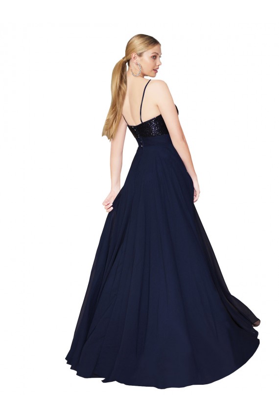 Bleu marine foncé Trapèze Bretelles spaghetti Mousseline Paillette Longue Robes demoiselle d'honneur / Robes de bal Prix Réduit