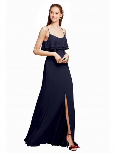 Bleu marine foncé Trapèze Bretelles spaghetti Scoop Mousseline Longue Robes demoiselle d'honneur Prix Réduit