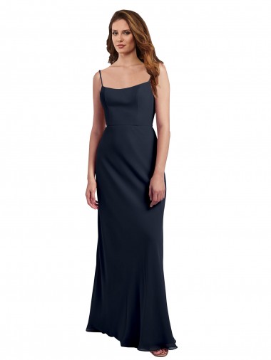 Bleu marine foncé Trapèze Bretelles spaghetti Scoop Mousseline Longue Robes demoiselle d'honneur Prix Réduit