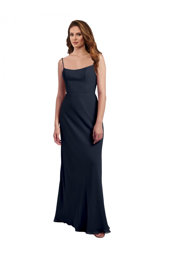 Bleu marine foncé Trapèze Bretelles spaghetti Scoop Mousseline Longue Robes demoiselle d'honneur Prix Réduit