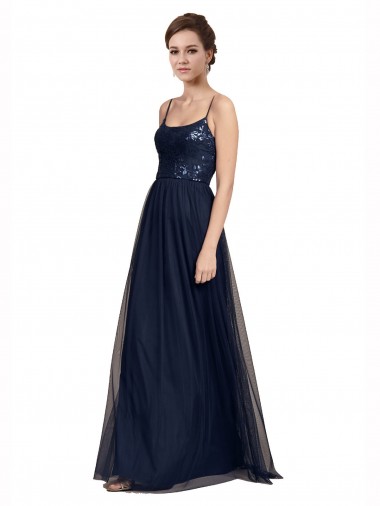 Bleu marine foncé Trapèze Bretelles spaghetti Tulle Dentelle Longue Robes demoiselle d'honneur Prix Réduit