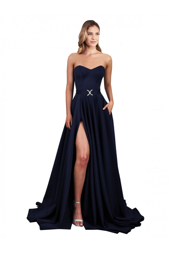 Bleu marine foncé Trapèze Col Haut Crêpe Stretch Longue Formelles Robes demoiselle d'honneur / Robes de soirée / Robes de bal Prix Réduit