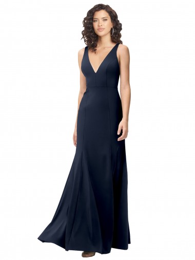 Bleu marine foncé Trapèze Col V Crêpe Stretch Longue Formelles Robes demoiselle d'honneur / Robes de soirée / Robes de bal Prix Réduit